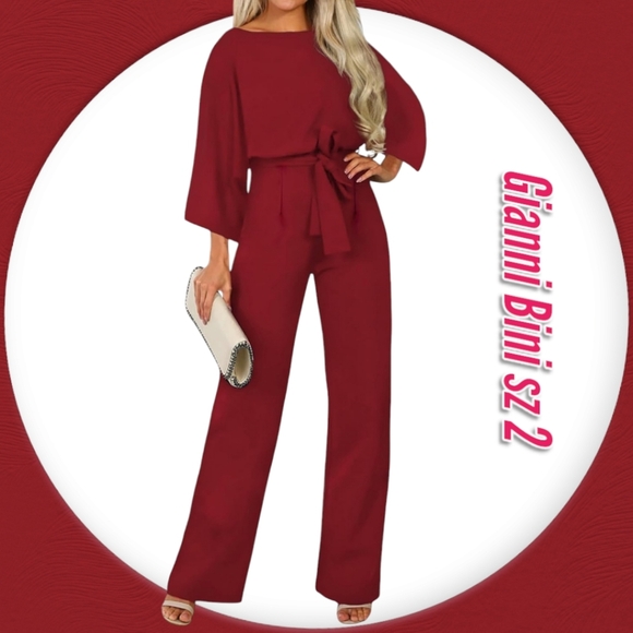 Gianni Bini Loose 3/4 Sleeve Belted Wide Leg Pant Busines Holiday Red Jumpsuit - Picture 1 of 11